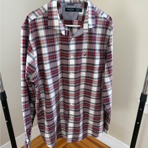 Nautica Men’s Red and White Plaid Button-Down Shirt
